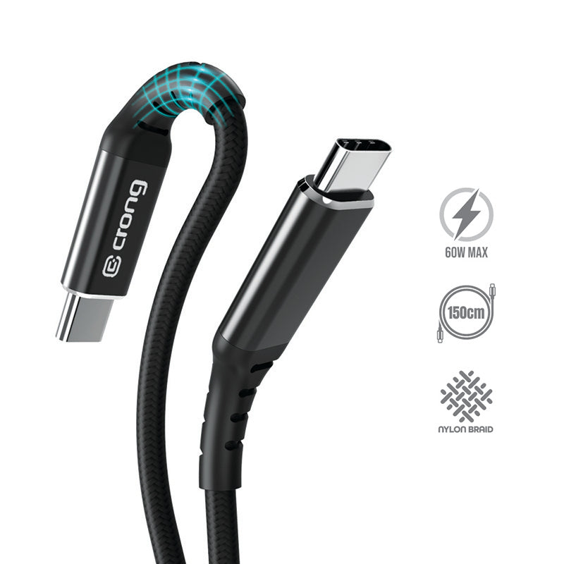 Crong Armor Link – USB-C auf USB-C 60 W geflochtenes Kabel, Schnellladung, 150 cm (schwarz)