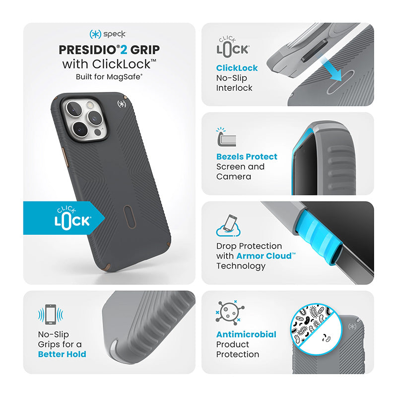 Speck Presidio2 Grip ClickLock &amp; MagSafe - Hoesje voor iPhone 16 Pro Max (Antracietgrijs / Koel brons / Wit)