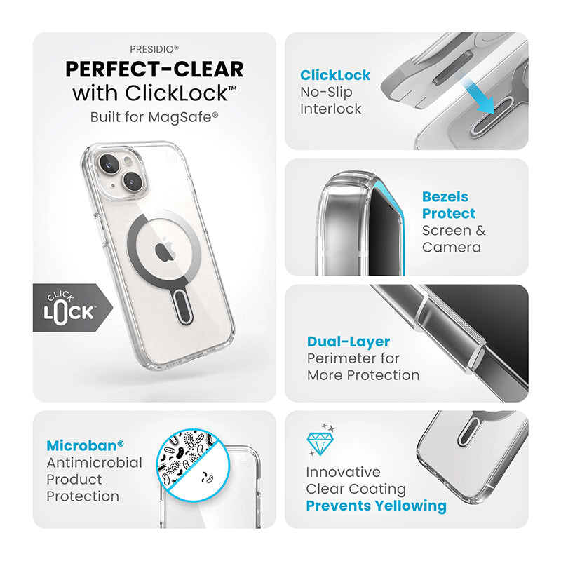 Speck Presidio Perfect-Clear ClickLock & Magsafe - Case for iPhone 15 / iPhone 14 / iPhone 13 (Clear / Chrome Finish / Serene Silver)