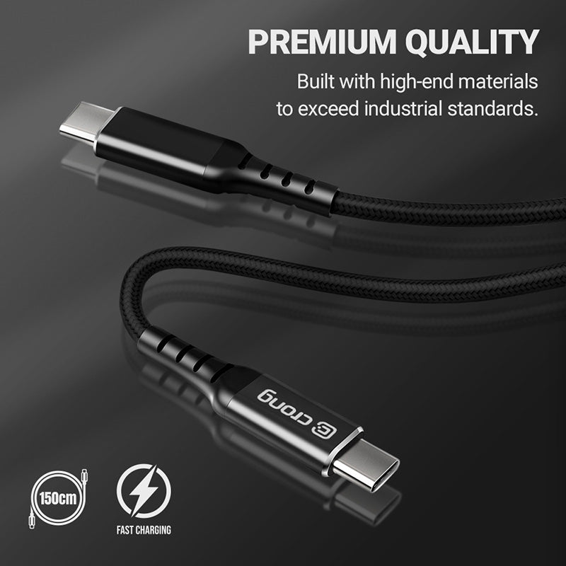 Crong Armor Link – USB-C auf USB-C 60 W geflochtenes Kabel, Schnellladung, 150 cm (schwarz)