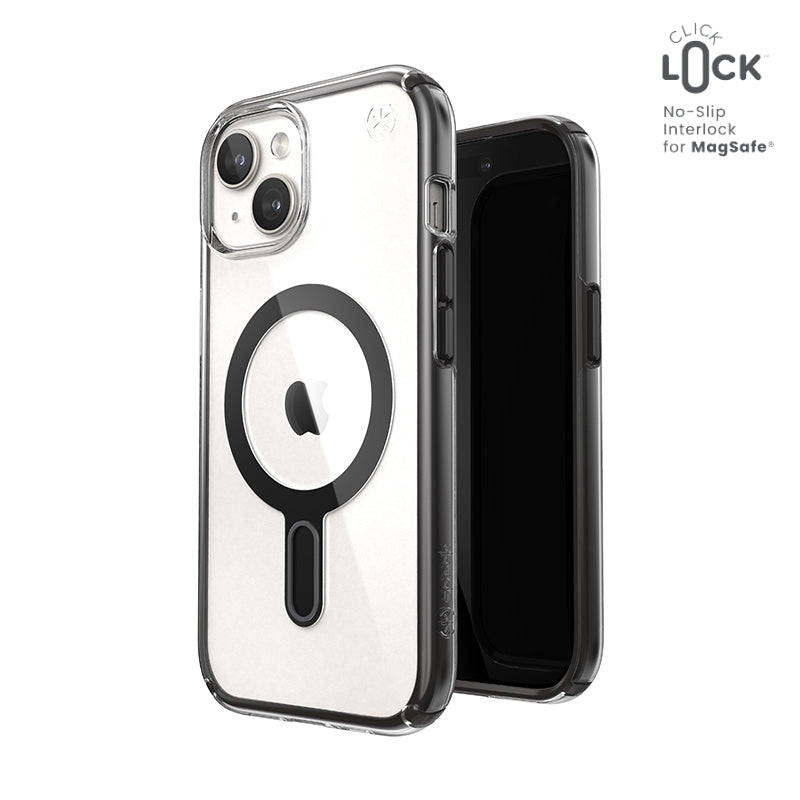 Speck Presidio Perfect-Clear ClickLock & Magsafe - Case for iPhone 15 / iPhone 14 / iPhone 13 (Clear / Frosted Black / Slate Grey)