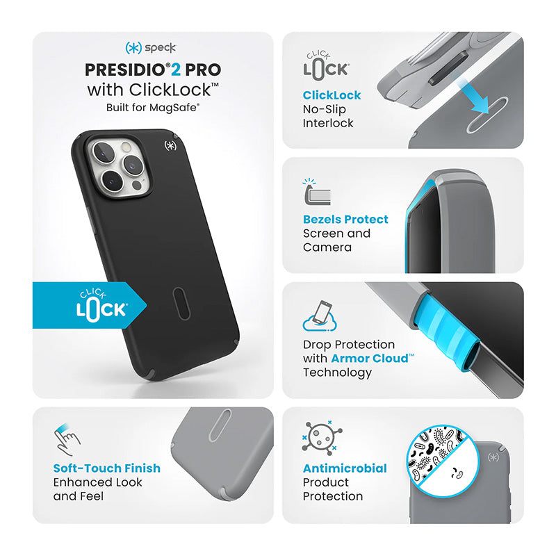 Speck Presidio2 Pro ClickLock &amp; MagSafe - Hoesje voor iPhone 16 Pro Max (Zwart / Leigrijs / Wit)