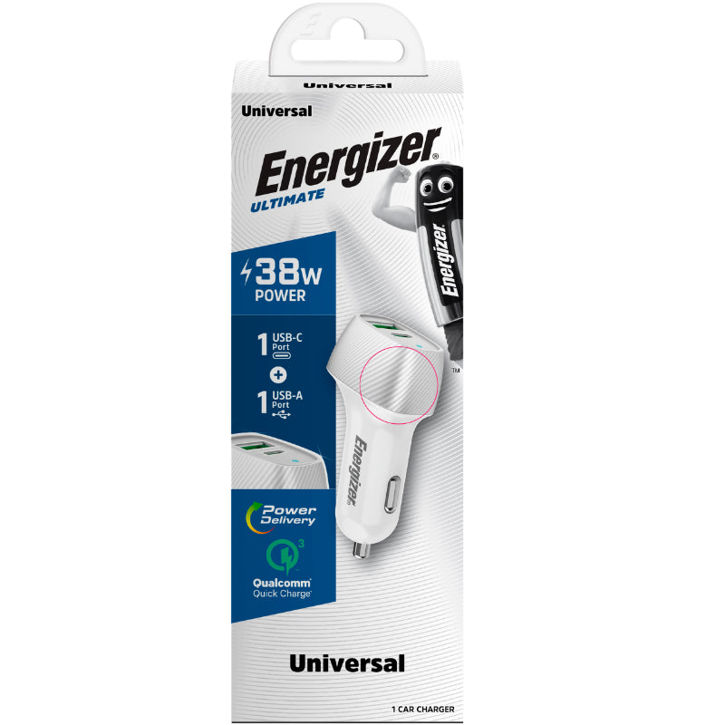 Energizer Ultimate - USB-C &amp; USB-A 38W PD + QC3.0 Autoladegerät (Weiß / Silber)