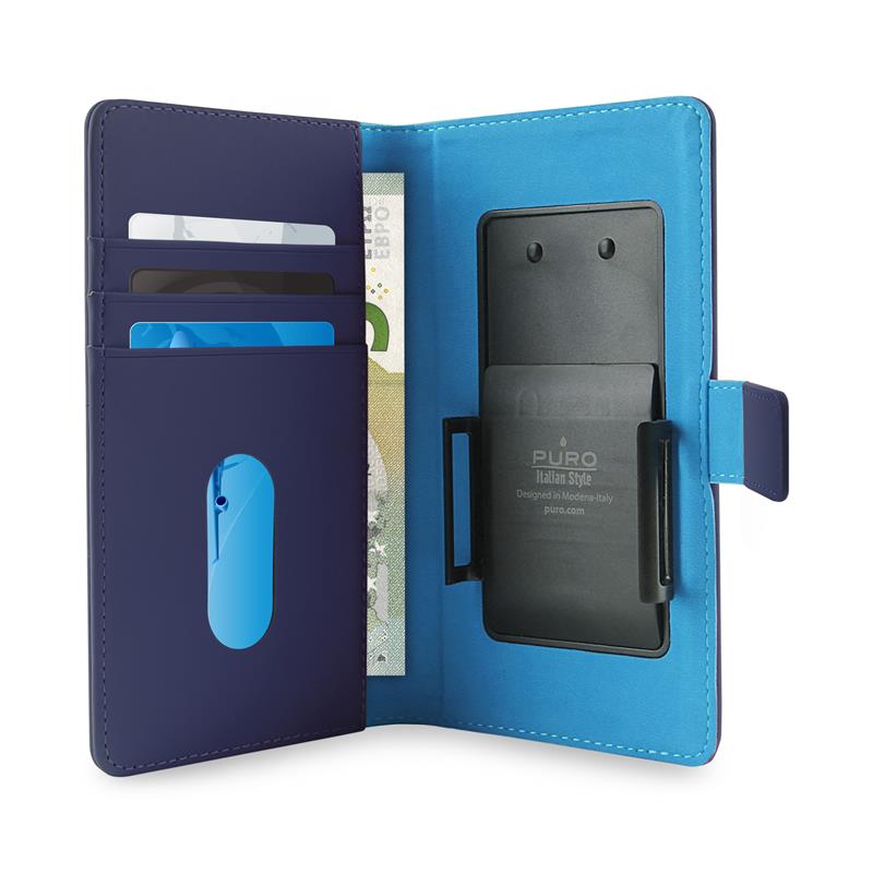 PURO Smart Wallet - Universele case met houder voor het maken van foto's met vakken voor kaarten en geld, maat XL (blauw)