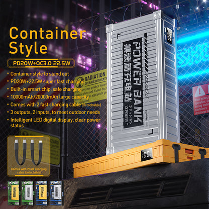 WEKOME WP-339 Container-Serie – Powerbank 10000 mAh Super Charging mit integriertem USB-C und Lightning PD 20 W Kabel + QC 22,5 W (Silber)