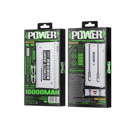 WEKOME WP-339 Container-Serie – Powerbank 10000 mAh Super Charging mit integriertem USB-C und Lightning PD 20 W Kabel + QC 22,5 W (Silber)