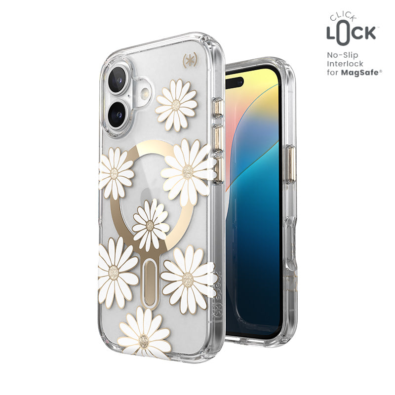 Speck Presidio Lux ClickLock & MagSafe - Case for iPhone 16 (Sunshine Daisies / Clear / Gold)