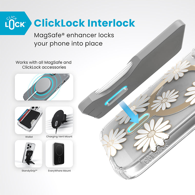 Speck Presidio Lux ClickLock & MagSafe - Case for iPhone 16 (Sunshine Daisies / Clear / Gold)