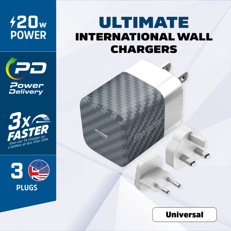 Energizer Ultimate – Multiplug EU/UK/US GaN 20W PD-Netzladegerät (Silber)