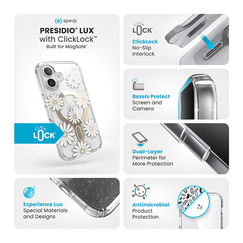 Speck Presidio Lux ClickLock & MagSafe - Case for iPhone 16 (Sunshine Daisies / Clear / Gold)