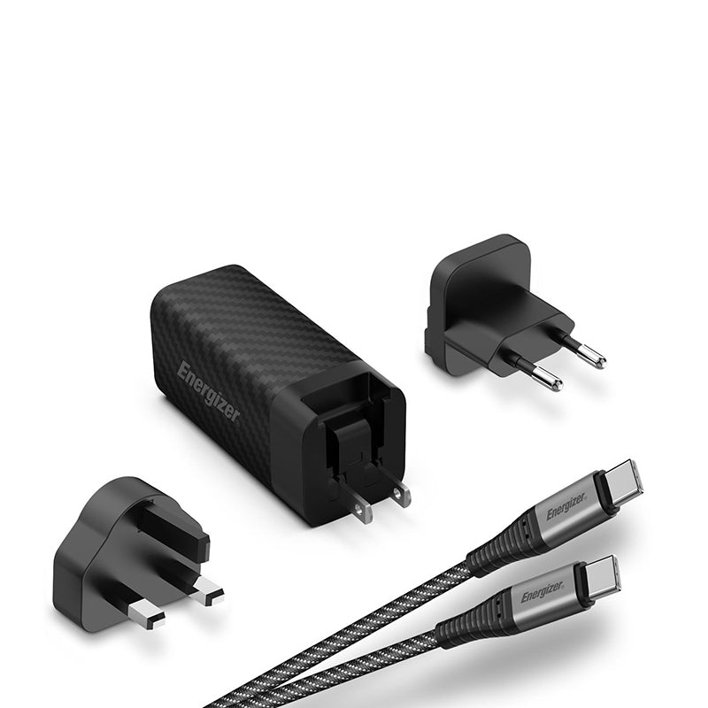 Energizer Ultimate – Multiplug EU/UK/US GaN USB-C &amp; USB-A 90W PD-Netzladegerät + USB-C-Kabel (Schwarz)