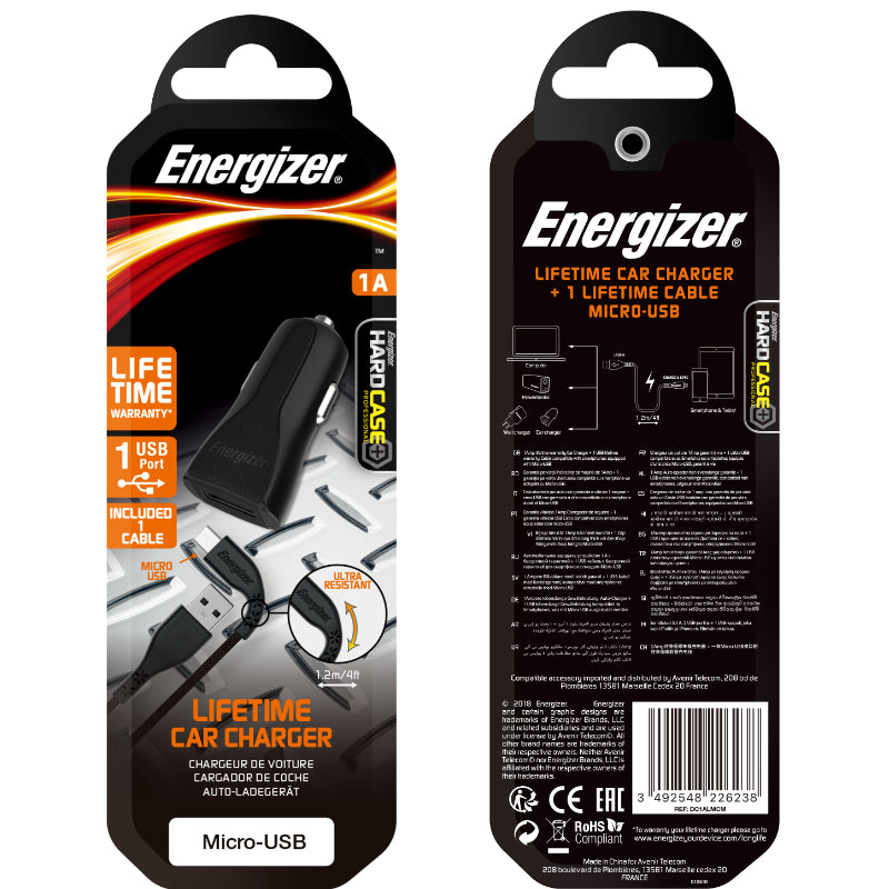 Energizer HardCase - USB-A 1A Autoladegerät + Micro-USB-Kabel (Schwarz)