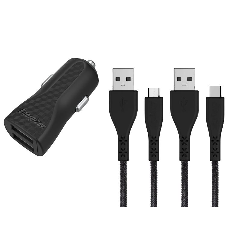 Energizer HardCase - Autolader 2x USB-A 2.4A + USB-C &amp; Micro USB kabel (Zwart)