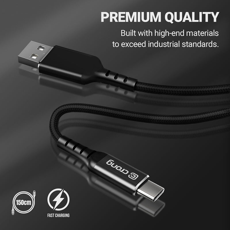 Crong Armor Link – USB-C auf USB-A 60 W geflochtenes Kabel, Schnellladung, 150 cm (schwarz)