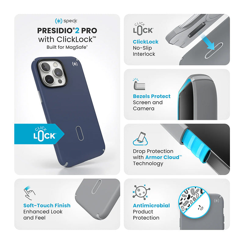 Speck Presidio2 Pro ClickLock &amp; MagSafe - Hoesje voor iPhone 16 Pro Max (Coastal Blue / Dust Grey / Wit)