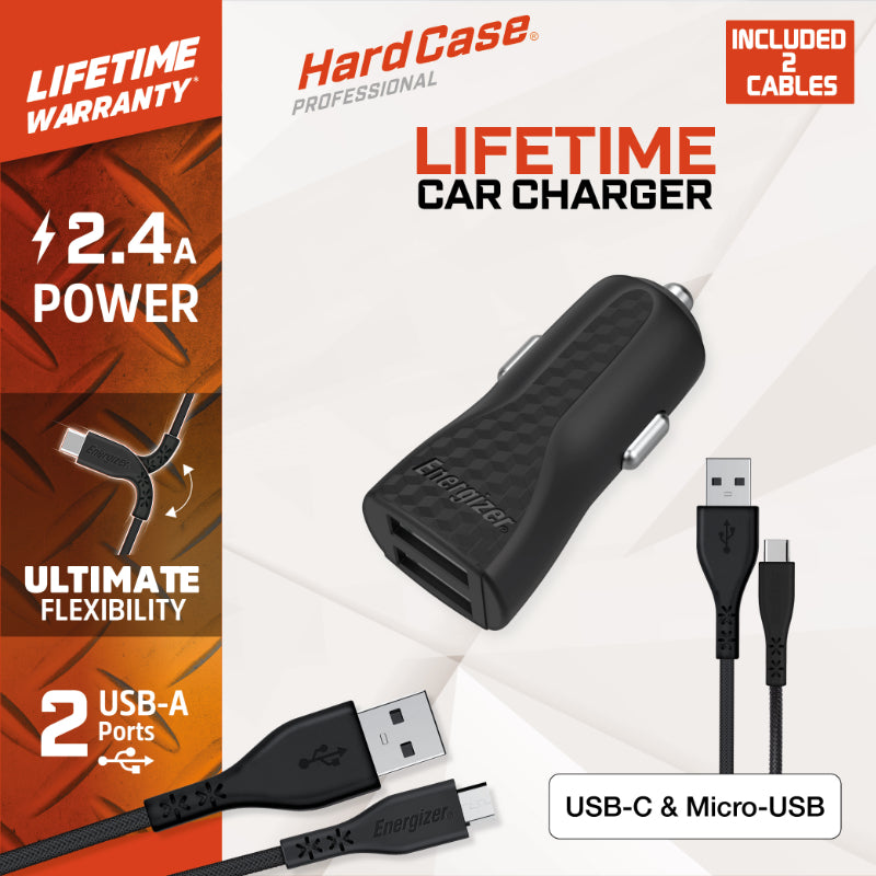 Energizer HardCase - Autolader 2x USB-A 2.4A + USB-C &amp; Micro USB kabel (Zwart)