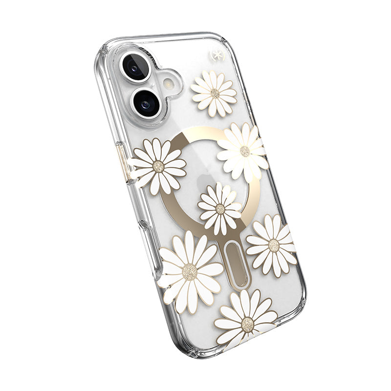 Speck Presidio Lux ClickLock & MagSafe - Case for iPhone 16 (Sunshine Daisies / Clear / Gold)