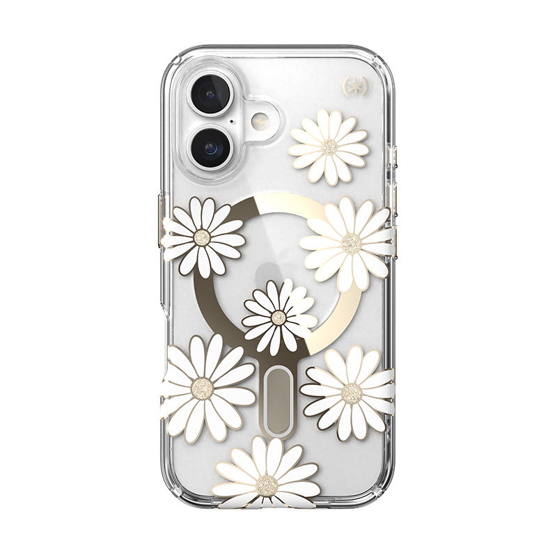 Speck Presidio Lux ClickLock & MagSafe - Case for iPhone 16 (Sunshine Daisies / Clear / Gold)