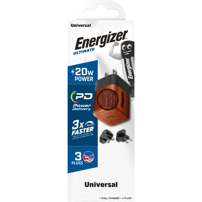 Energizer Ultimate – Multiplug EU/UK/US GaN 20W PD-Netzladegerät (Walnuss-Wurzelholz)