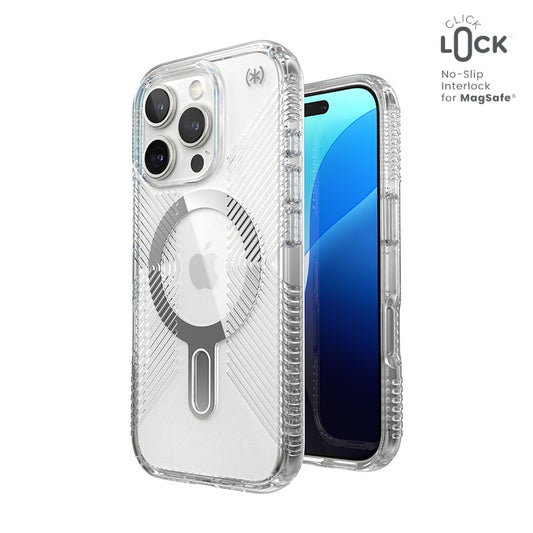 Speck Presidio Perfect-Clear Grip ClickLock &amp; MagSafe - Hoesje voor iPhone 16 Pro (Transparant / Chromen afwerking / Serene Silver)