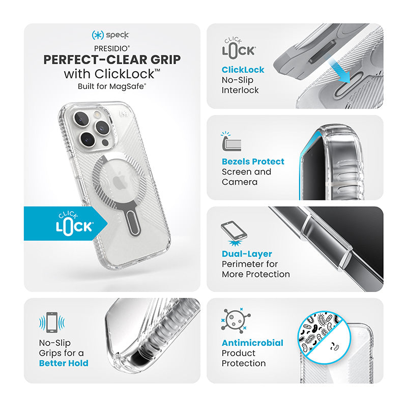 Speck Presidio Perfect-Clear Grip ClickLock &amp; MagSafe - Hoesje voor iPhone 16 Pro (Transparant / Chromen afwerking / Serene Silver)