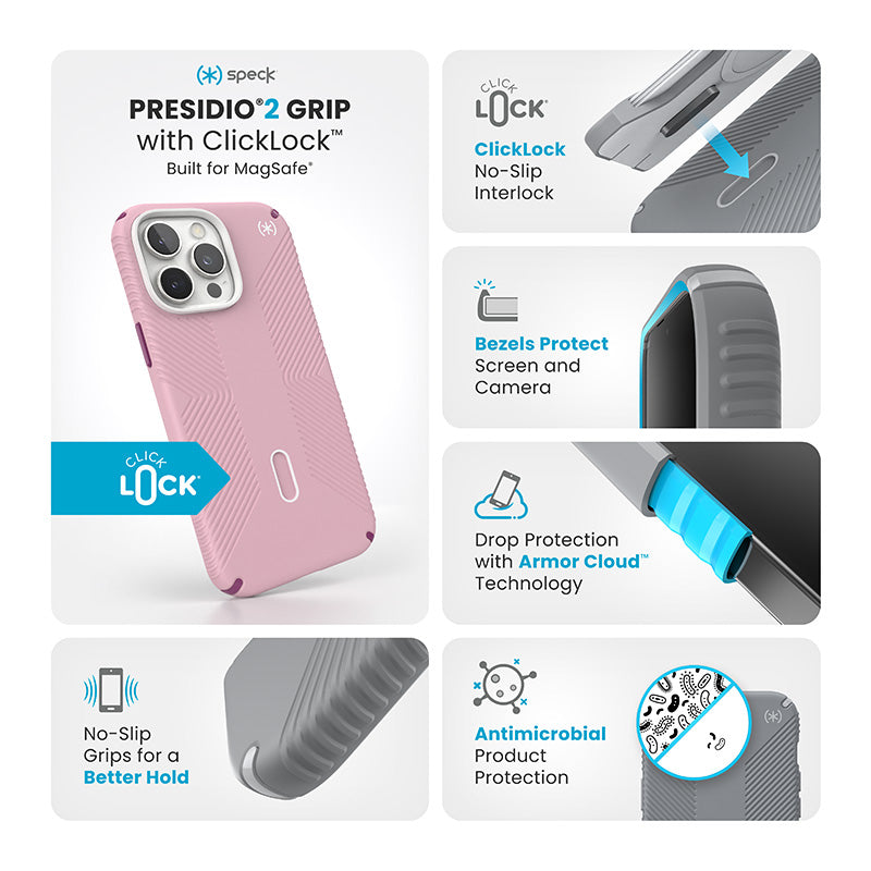 Speck Presidio2 Grip ClickLock &amp; MagSafe - Hoesje voor iPhone 16 Pro Max (Woensdag Roze / Boysenberry Paars / Wit)