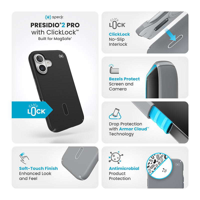 Speck Presidio2 Pro ClickLock &amp; MagSafe - Hoesje voor iPhone 16 (Zwart / Leigrijs / Wit)