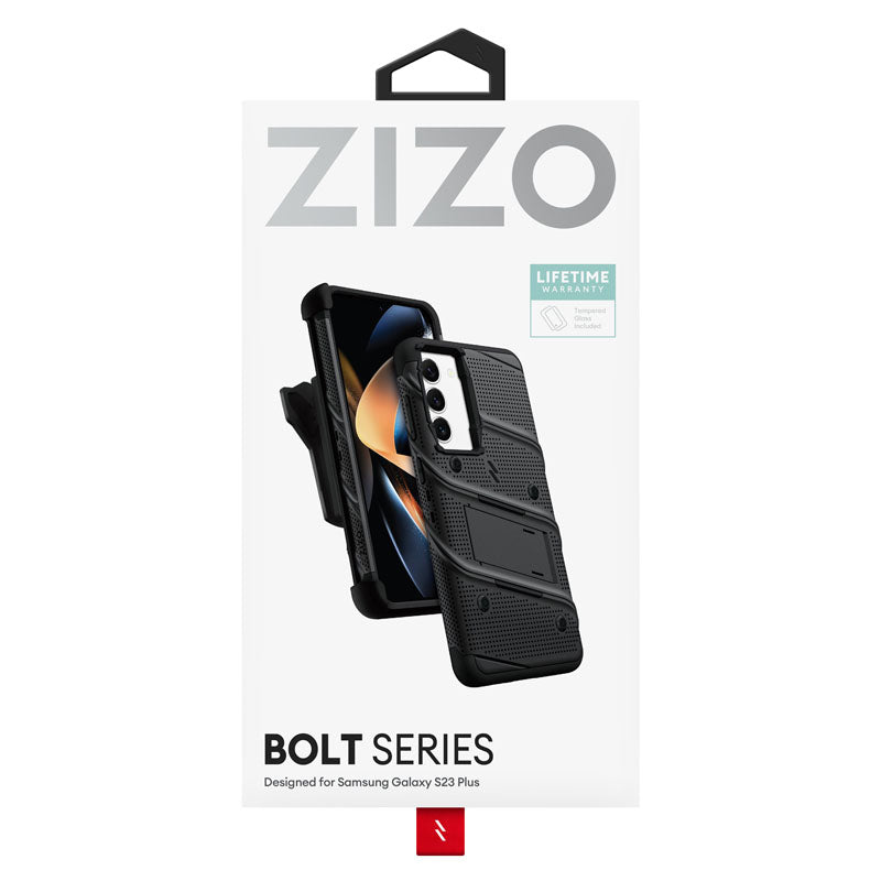 ZIZO BOLT-Serie – Gepanzerte Hülle für Samsung Galaxy S23+ mit 9H-Glas für Bildschirm + Halterung mit Ständer (Schwarz)