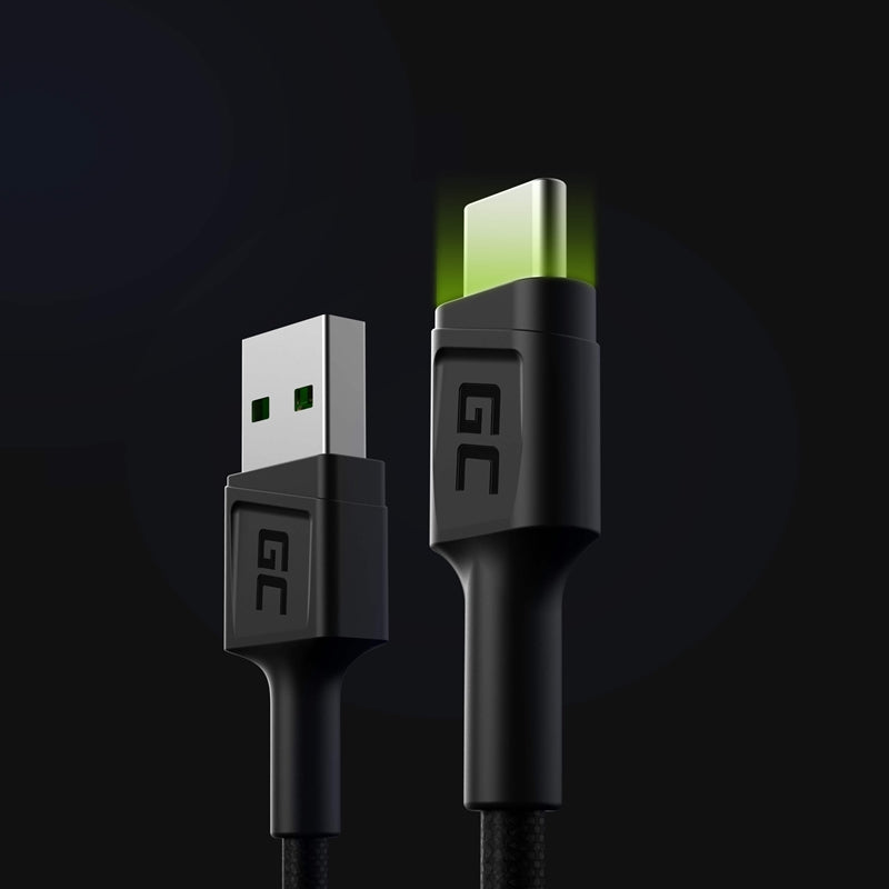Kabel Green Cell Ray USB-Kabel – USB-C 120 cm mit grüner LED-Hintergrundbeleuchtung und Unterstützung für schnelles Laden Ultra Charge, QC 3.0