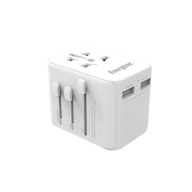 Energizer Ultimate – EU-/US-/AU-/UK-Reiseadapter + 2x USB-A und USB-C MFi-zertifiziert (weiß)