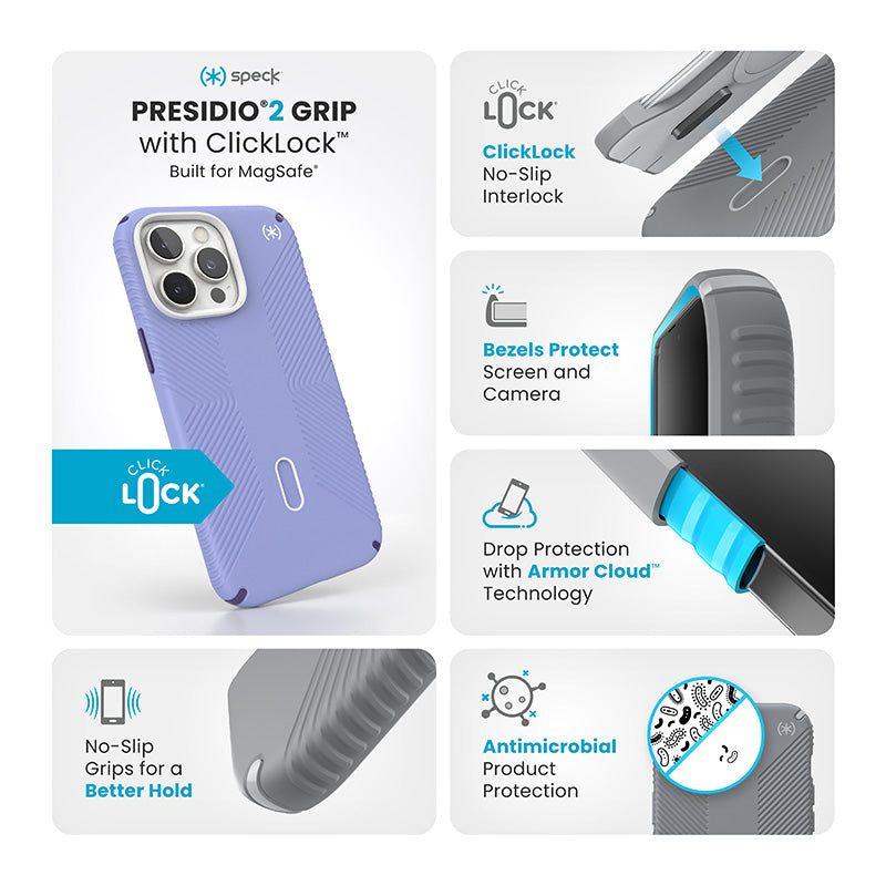 Speck Presidio2 Grip ClickLock &amp; MagSafe - Hoesje voor iPhone 16 Pro Max (Future Lavender / Cassis Purple / Wit)