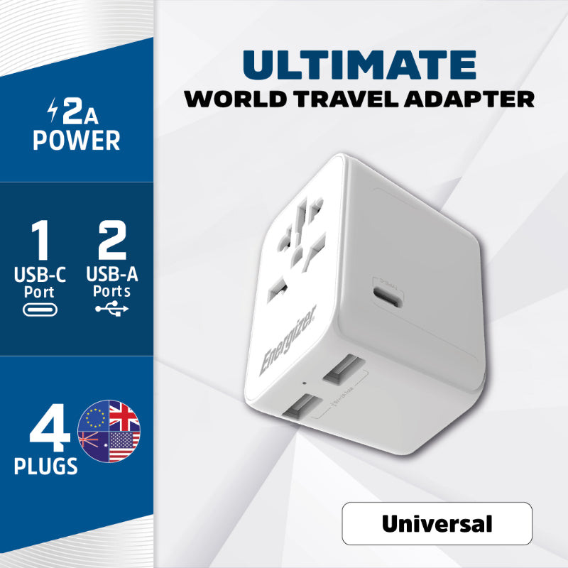 Energizer Ultimate – EU-/US-/AU-/UK-Reiseadapter + 2x USB-A und USB-C MFi-zertifiziert (weiß)