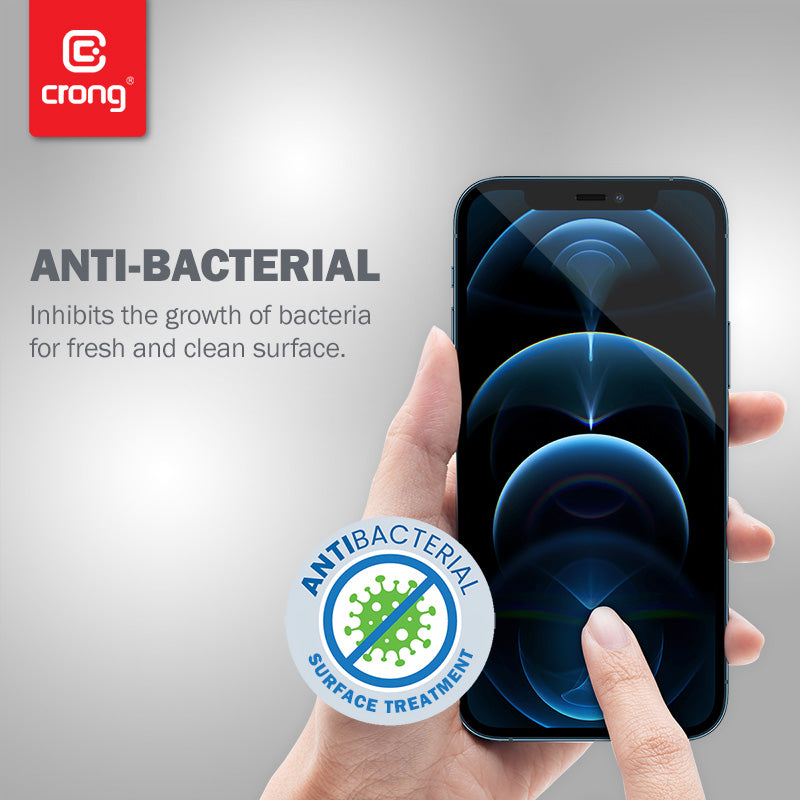 Crong Anti-Bacterial 3D Armor Glass – 9H gehärtetes Glas für den gesamten Bildschirm des iPhone 12 Pro Max + Einbaurahmen