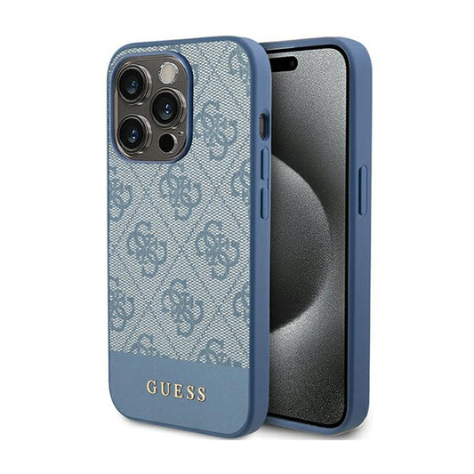 Guess 4G Bottom Stripe Metal Logo Collection - Hülle für iPhone 15 Pro (blau)