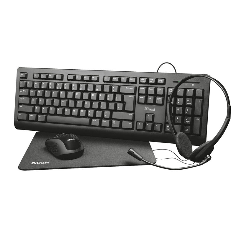 Trust Primo 4-in-1 – Set aus Tastatur, kabelloser Maus, Headset und Mauspad