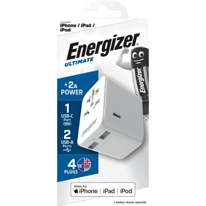 Energizer Ultimate – EU-/US-/AU-/UK-Reiseadapter + 2x USB-A und USB-C MFi-zertifiziert (weiß)