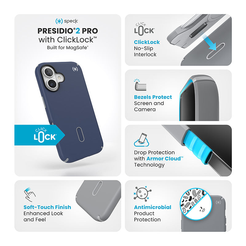 Speck Presidio2 Pro ClickLock &amp; MagSafe - Hoesje voor iPhone 16 (Coastal Blue / Dust Grey / Wit)