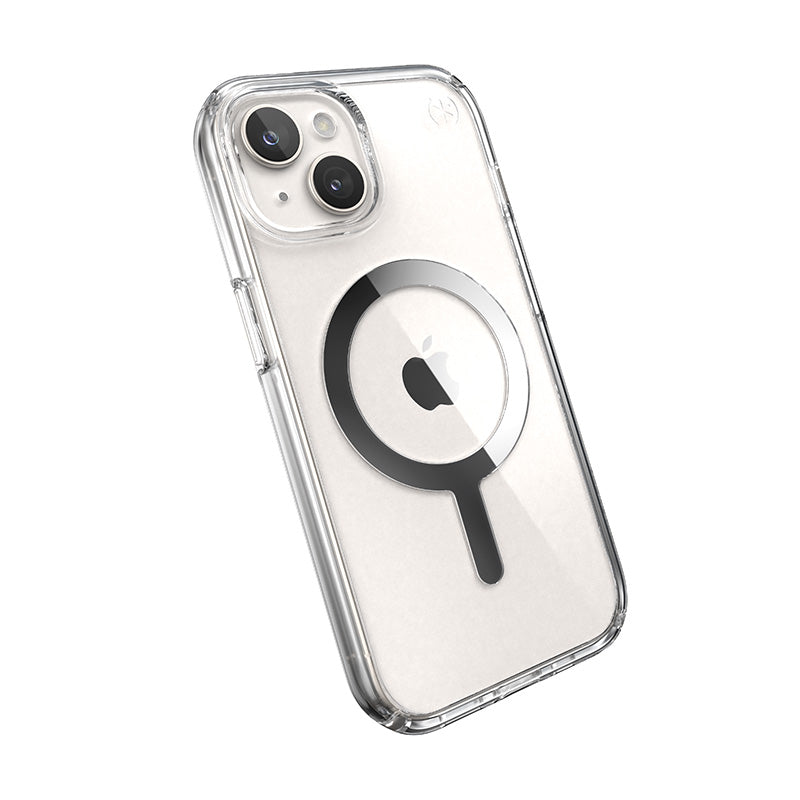 Speck Presidio Perfect-Clear MagSafe - Case for iPhone 15 / iPhone 14 / iPhone 13 (Clear / Chrome Finish / Serene Silver)