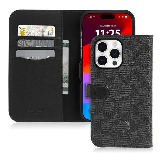 Coach Folio Signature C-hoesje - 2-in-1 hoesje met flipcover iPhone 15 Pro (antraciet)