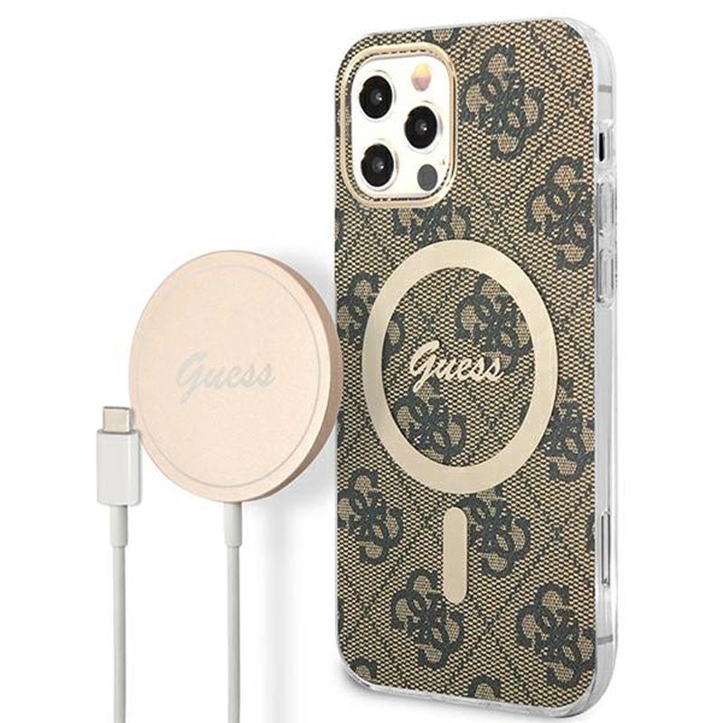 Guess Bundle Pack MagSafe 4G - Set hoesje voor iPhone 12 / iPhone 12 Pro + MagSafe oplader (Bruin/Goud)