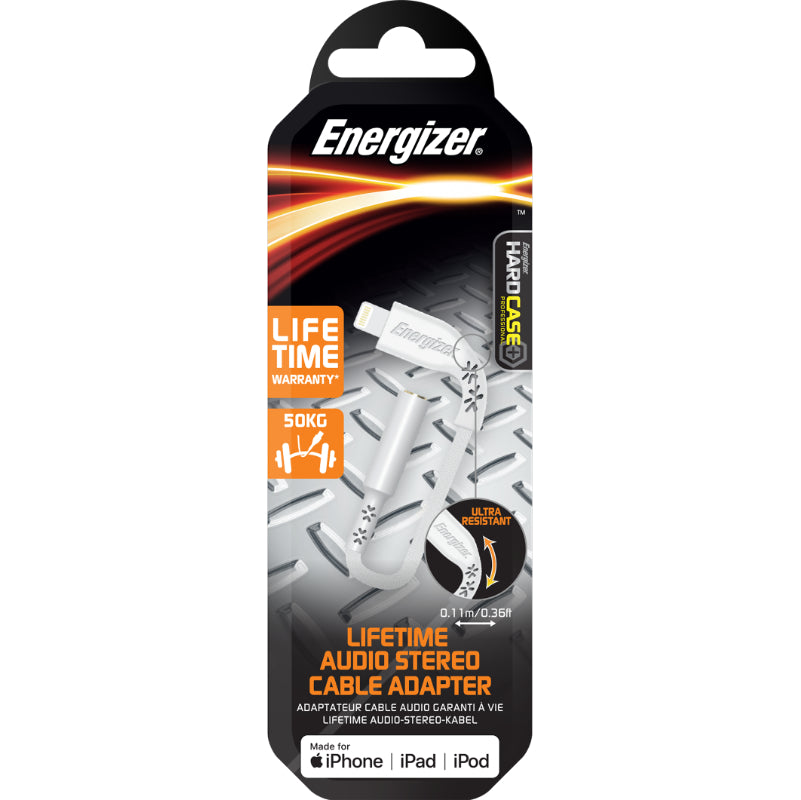 Energizer HardCase – Lightning-auf-3,5-mm-Klinken-Audio-Adapter, MFi-zertifiziert, 11 cm, EU (weiß)