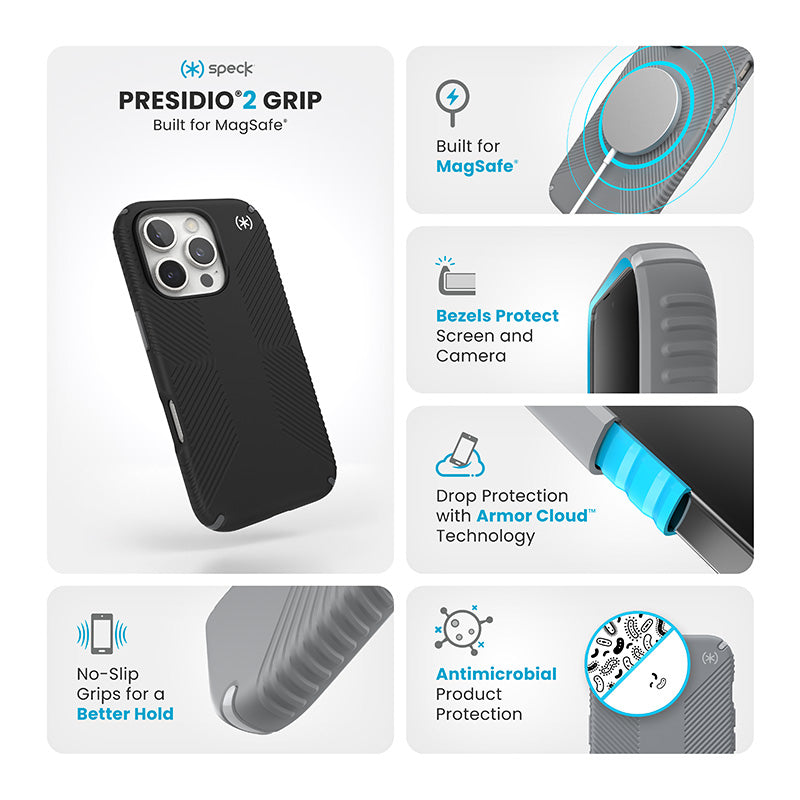 Speck Presidio2 Grip - Hoesje voor iPhone 16 Pro (Zwart / Leigrijs / Wit)