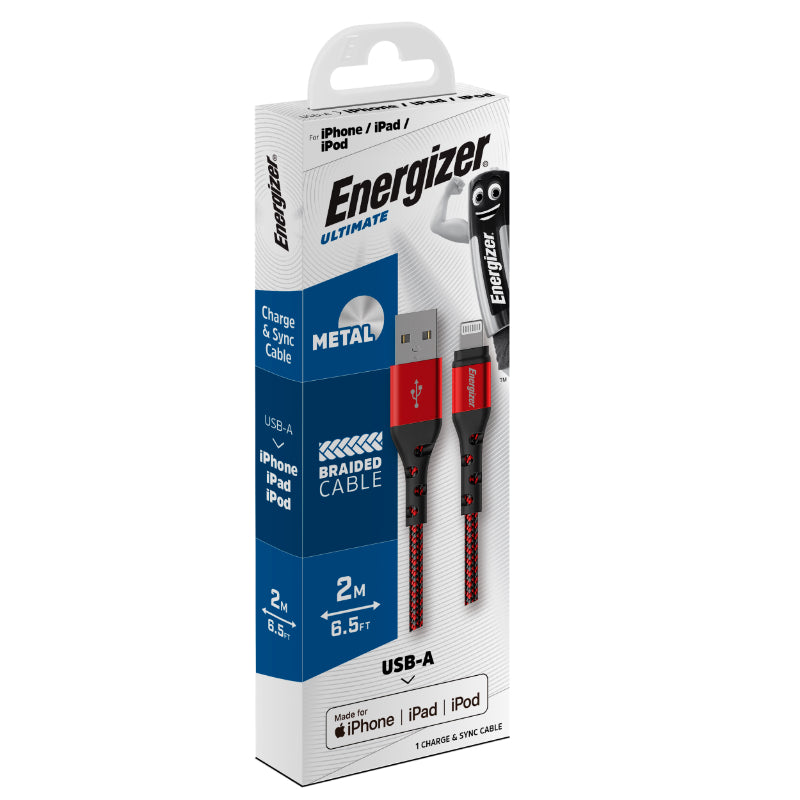 Energizer Ultimate - USB-A naar Lightning verbindingskabel MFi gecertificeerd 2m (Rood)