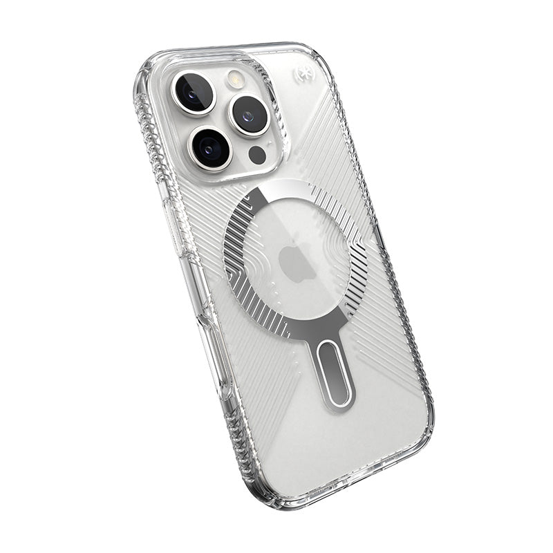 Speck Presidio Perfect-Clear Grip ClickLock &amp; MagSafe - Hoesje voor iPhone 16 Pro (Transparant / Chromen afwerking / Serene Silver)