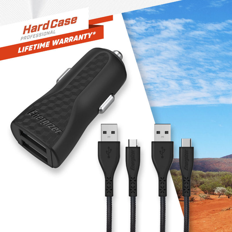 Energizer HardCase - Autolader 2x USB-A 2.4A + USB-C &amp; Micro USB kabel (Zwart)