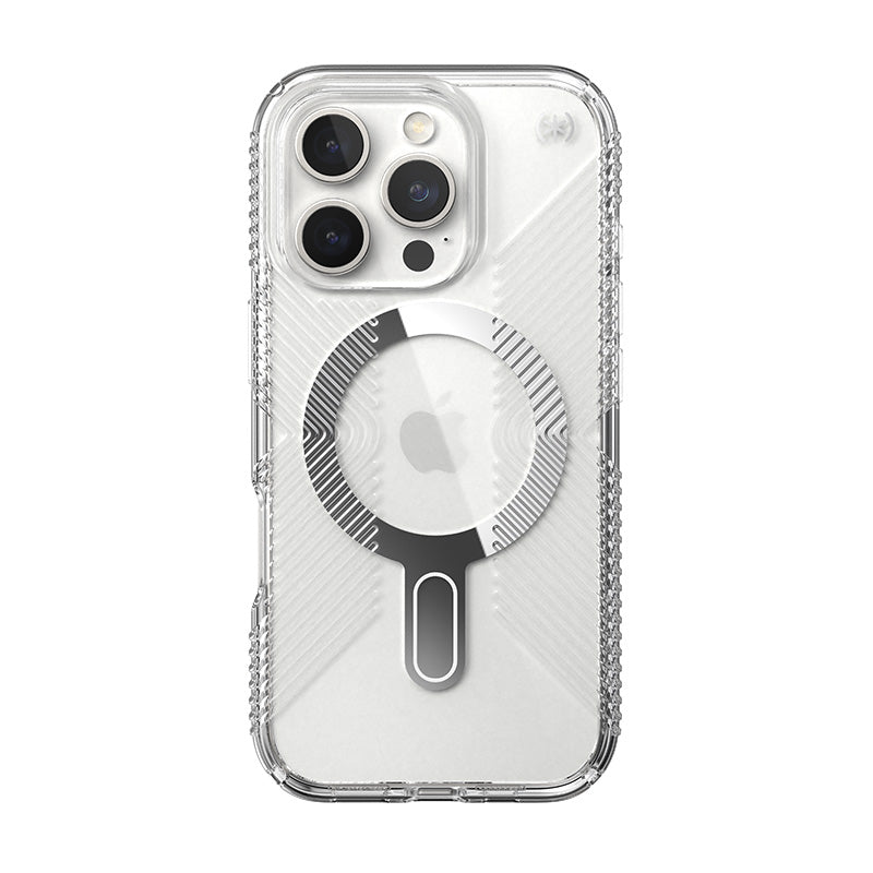 Speck Presidio Perfect-Clear Grip ClickLock &amp; MagSafe - Hoesje voor iPhone 16 Pro (Transparant / Chromen afwerking / Serene Silver)