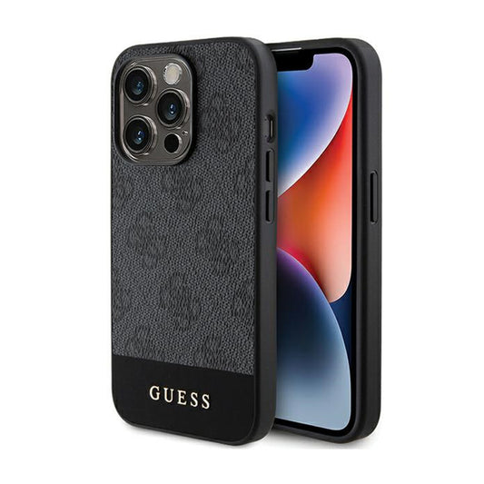 Guess 4G Bottom Stripe Metal Logo Collection - Hülle für iPhone 15 Pro (grau)