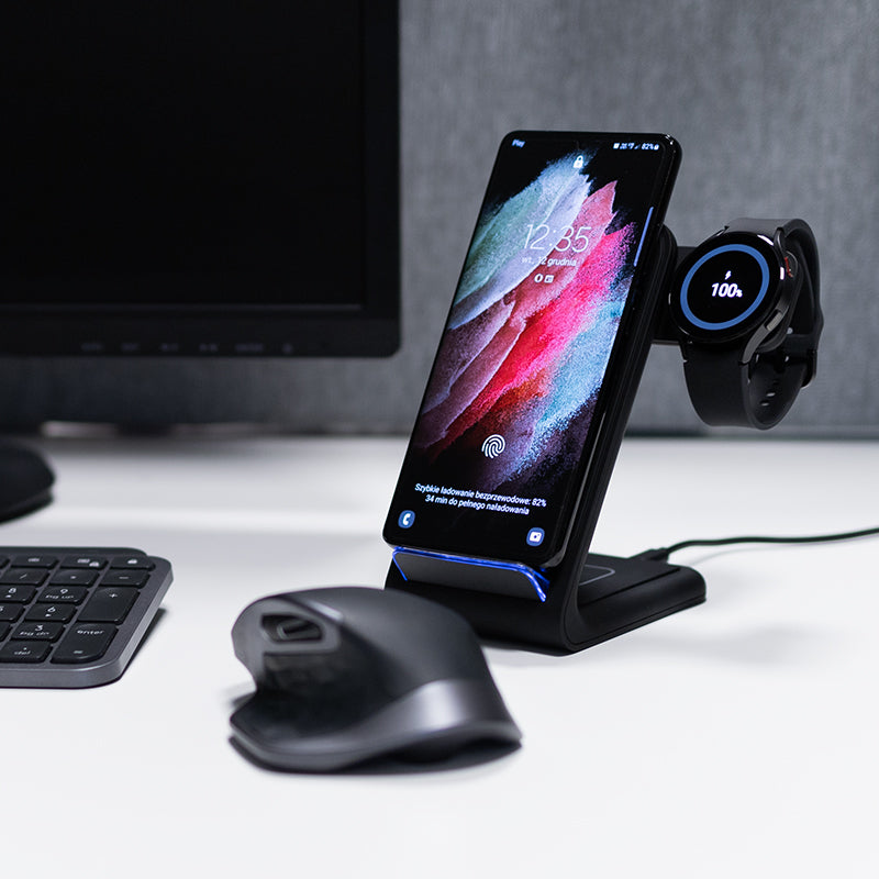 Crong PowerSpot Pivot Stand – 3-in-1 kabelloses Ladegerät für Samsung &amp; Android, Galaxy Watch und TWS-Kopfhörer (schwarz)