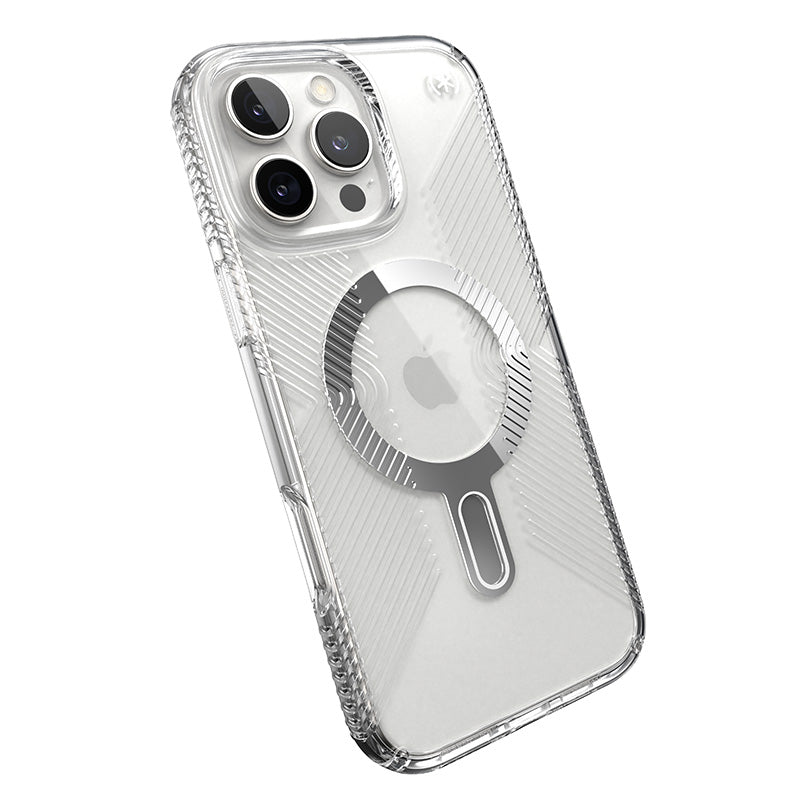 Speck Presidio Perfect-Clear Grip ClickLock &amp; MagSafe - Hoesje voor iPhone 16 Pro Max (Transparant / Chromen afwerking / Serene Silver)