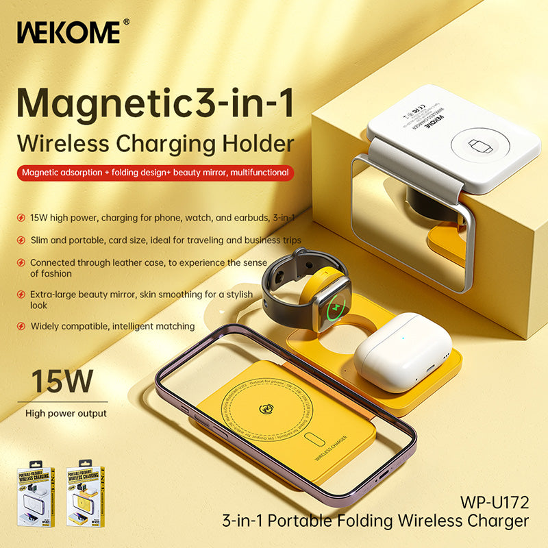 WEKOME WP-U172 - 3-in-1 draadloze oplader met MagSafe voor iPhone, Apple Watch en AirPods + Mirror (geel)